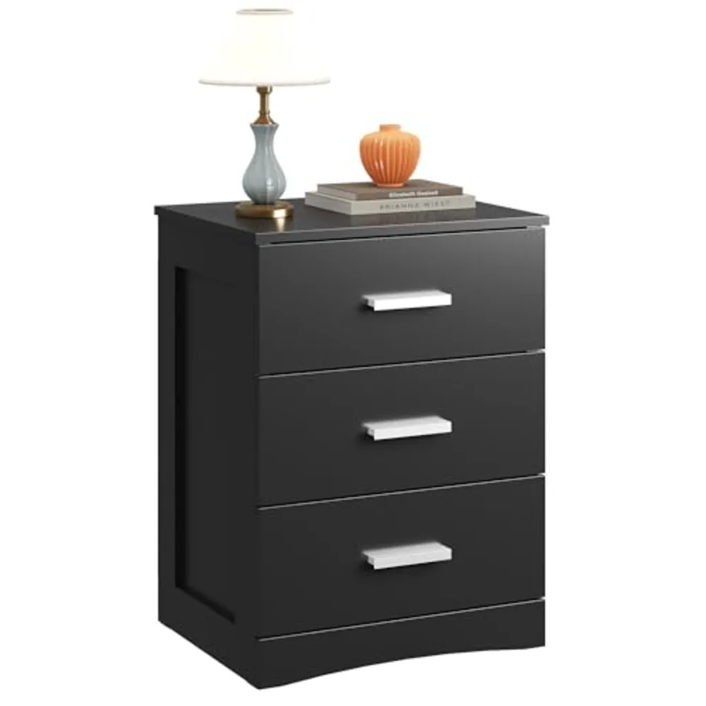 Black 3-Drawer Nightstand Small Bedside Table