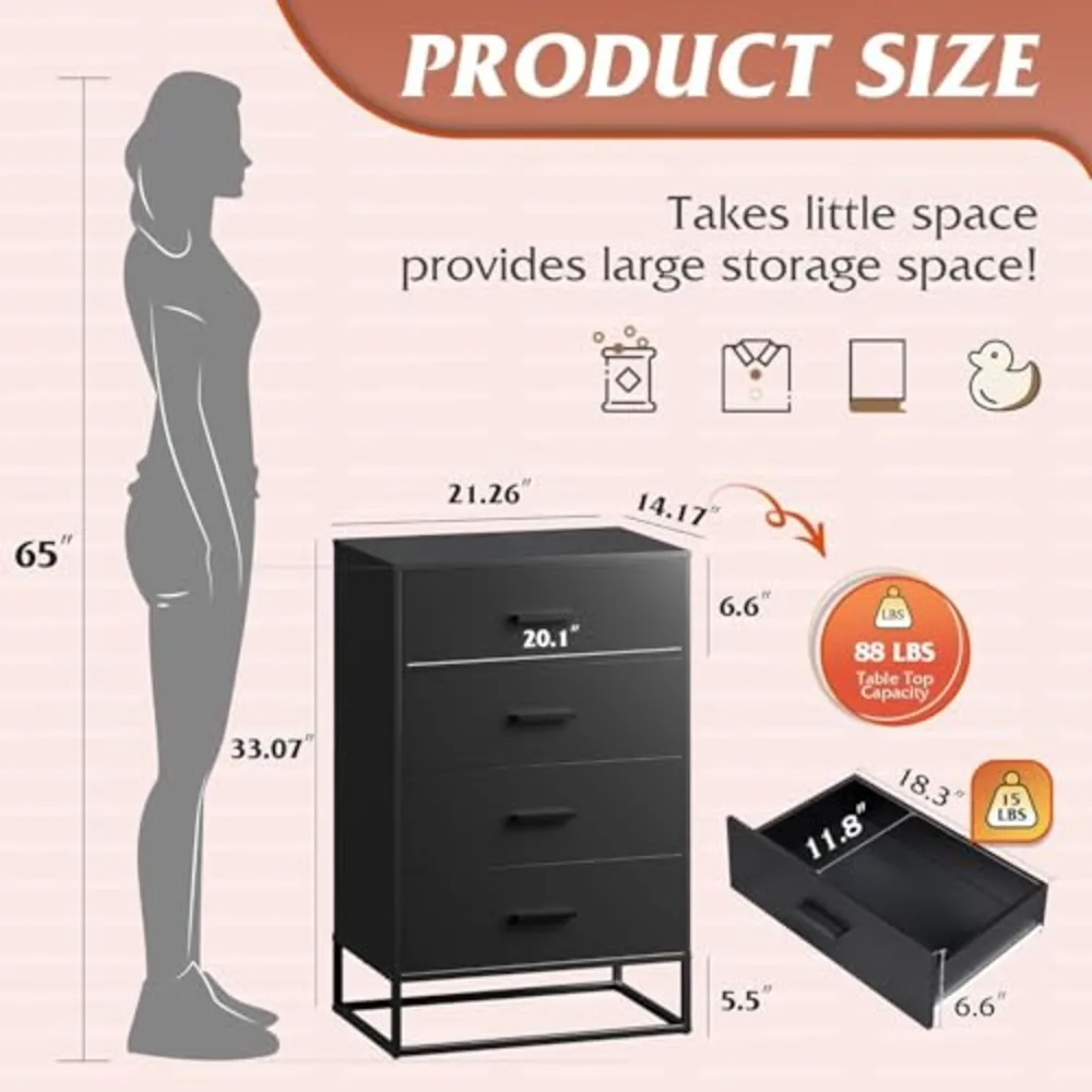 Black Dresser for Bedroom with 4 Drawers, view 3