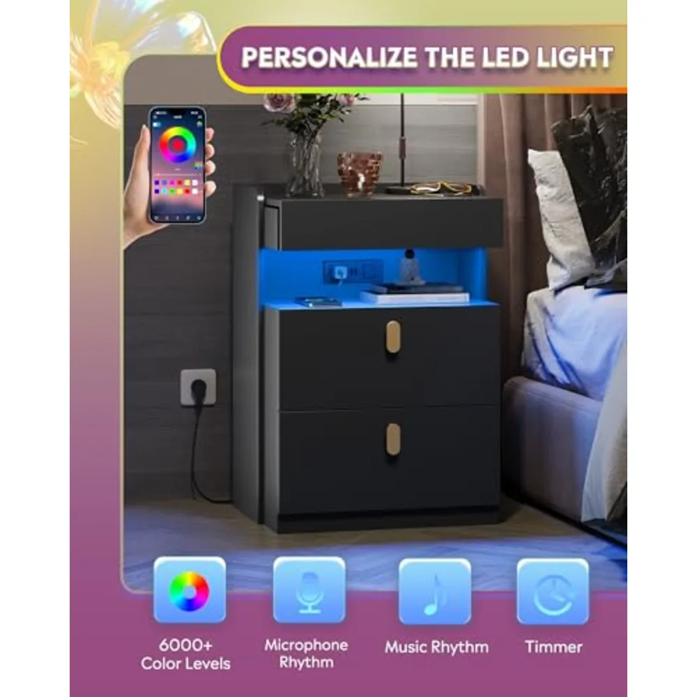 Black LED Nighstand with Charging Station, view 2