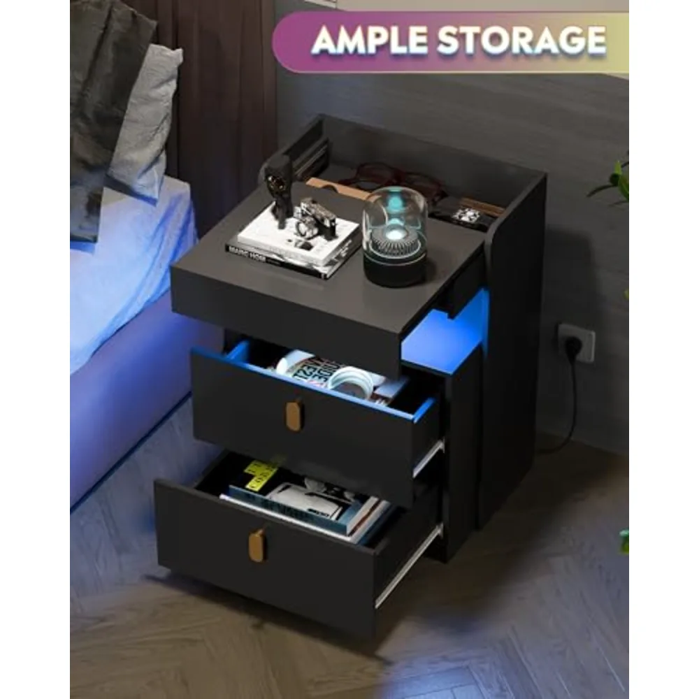 Black LED Nighstand with Charging Station, view 3