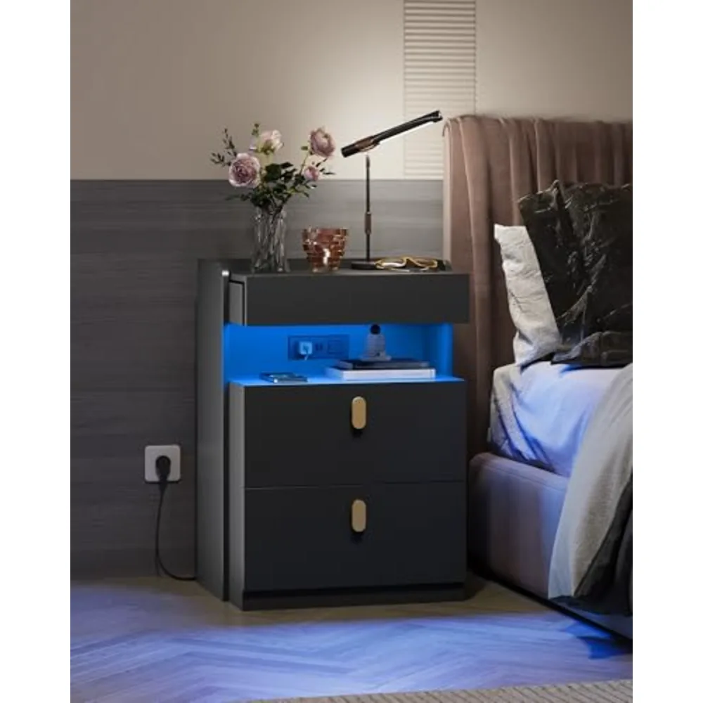 Black LED Nighstand with Charging Station, view 5