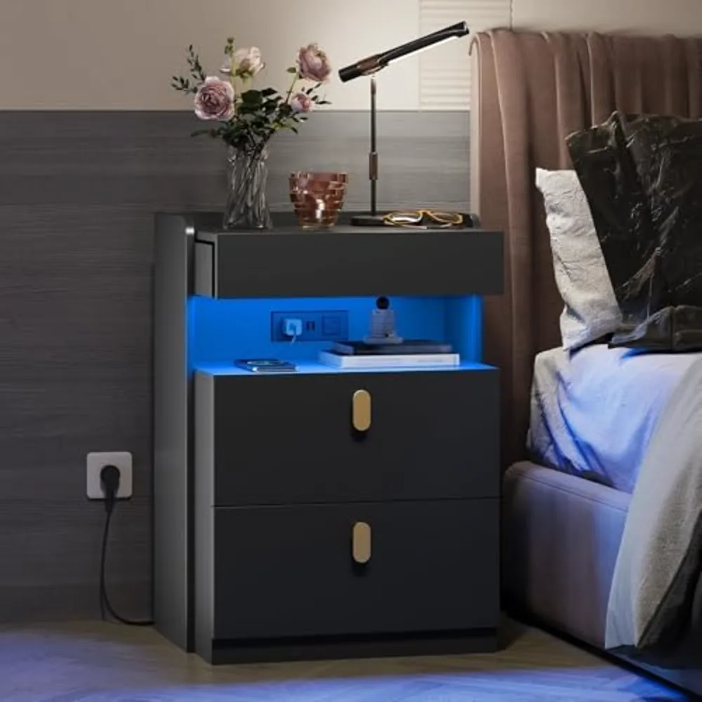 Black LED Nighstand with Charging Station