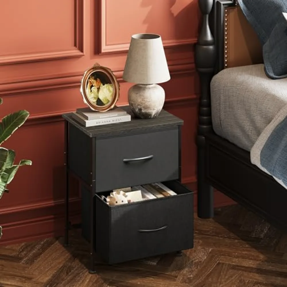 Black Night Stand Small Dresser with 2 Drawers & Wooden Top, view 2