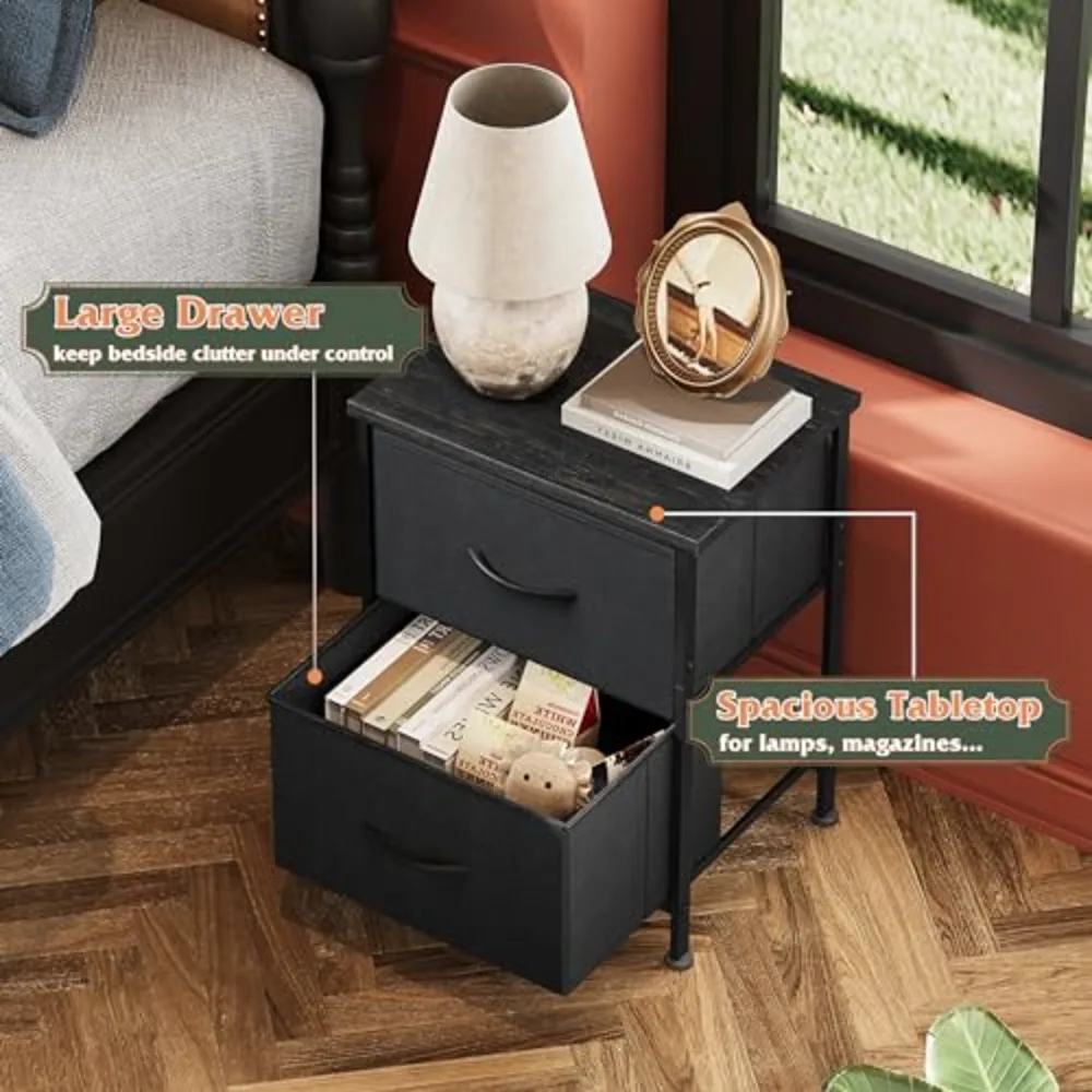 Black Night Stand Small Dresser with 2 Drawers & Wooden Top, view 4