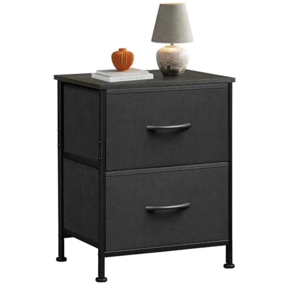 Black Night Stand Small Dresser with 2 Drawers & Wooden Top