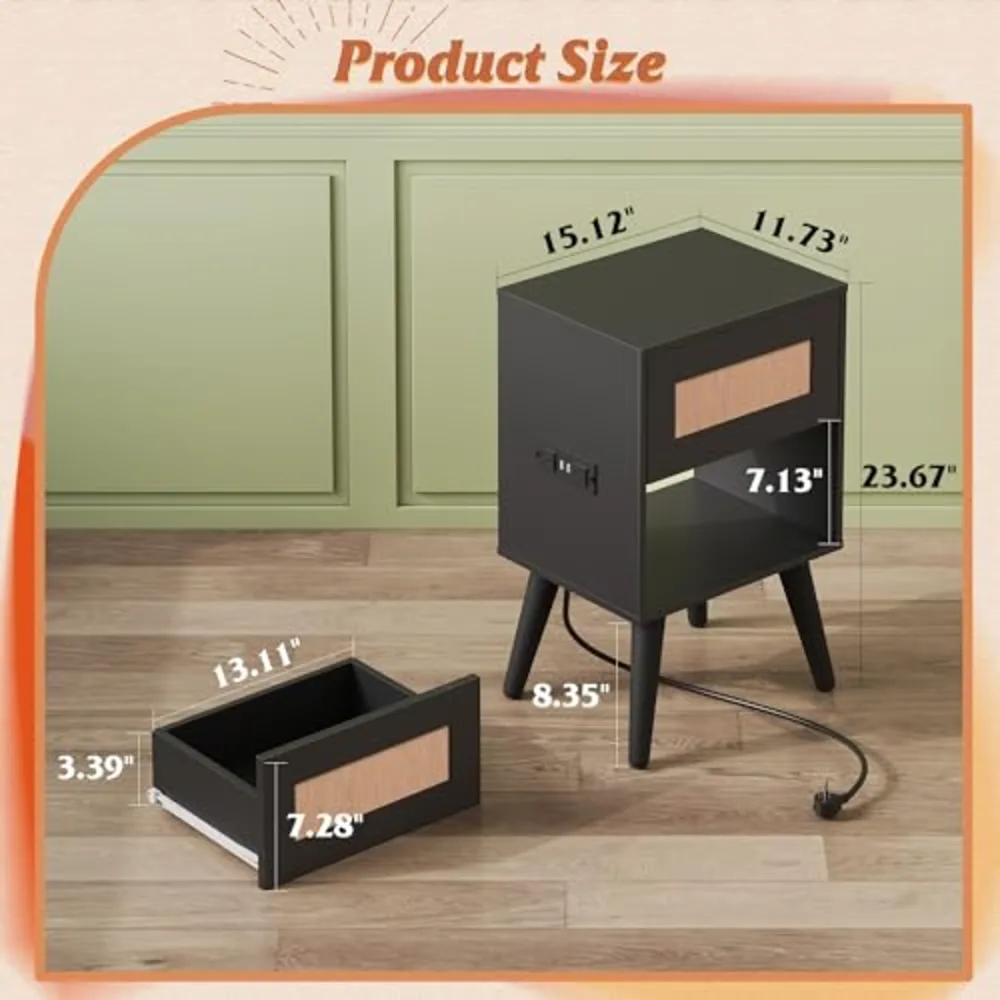 Black Rattan Night Stand with Charger Station, view 3