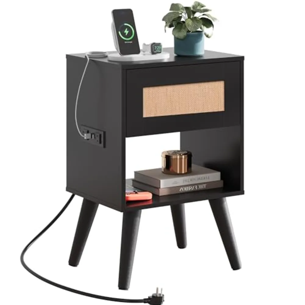 Black Rattan Night Stand with Charger Station
