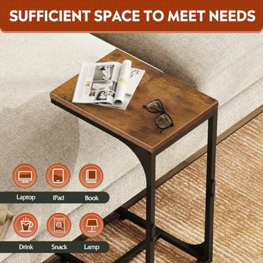 C Shaped End Table TV Tray Slide Under Couch Side Table Rustic, view 4