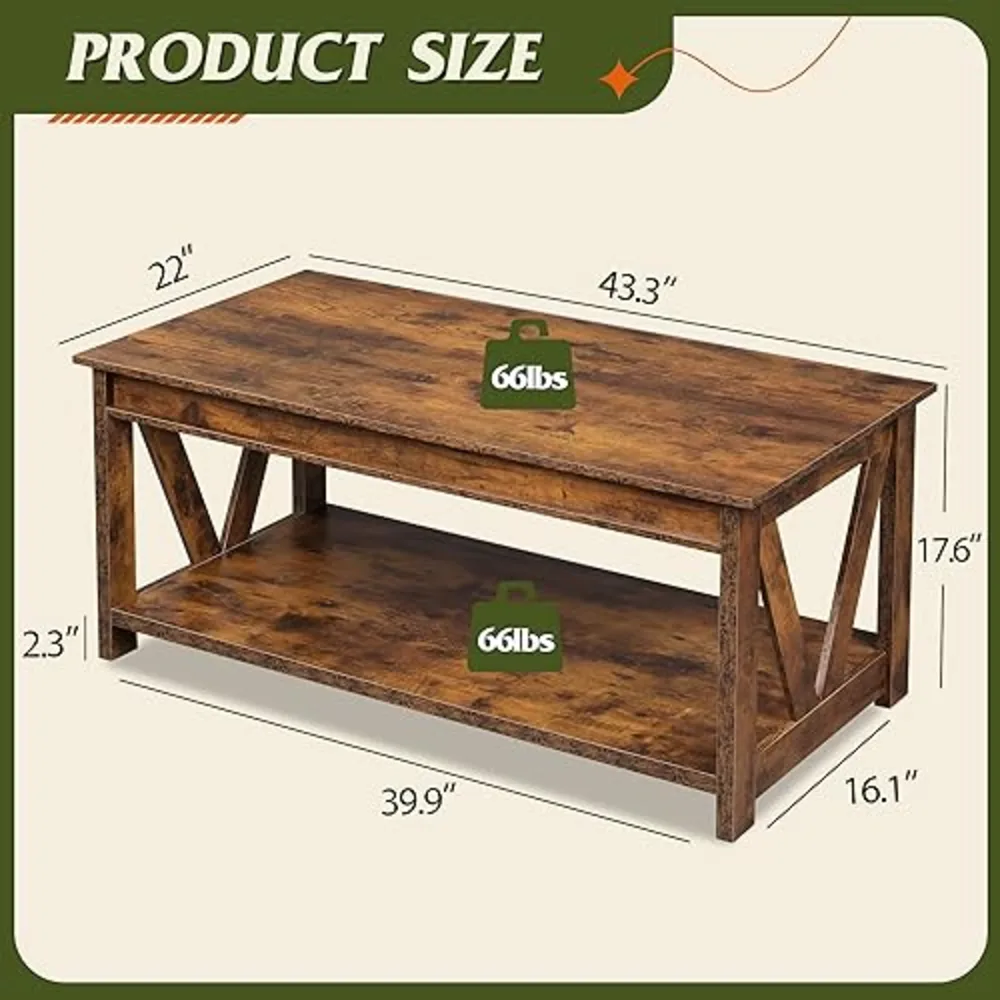 Coffee Table 43" Farmhouse Coffee Table with Storage Shelf &, view 3