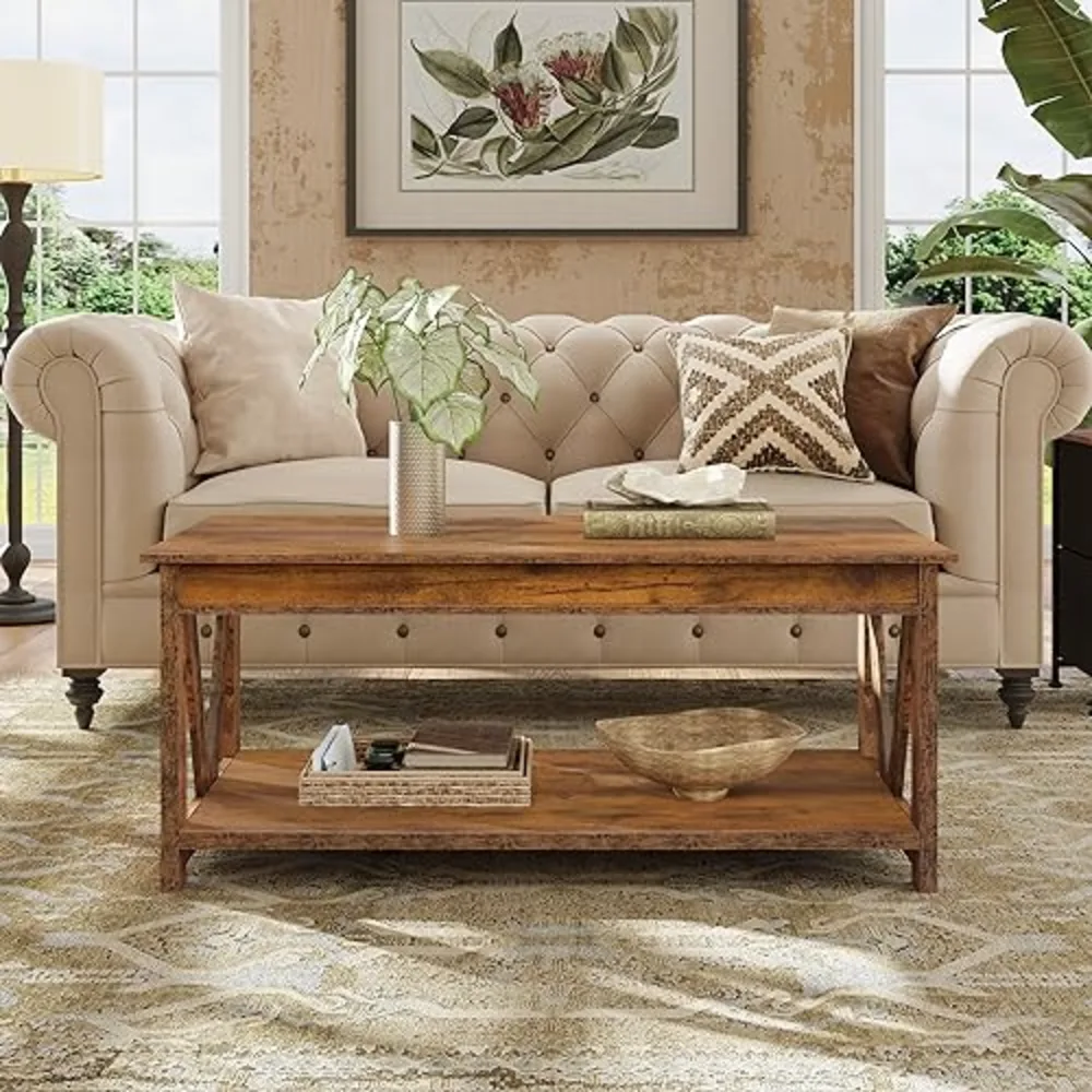 Coffee Table 43" Farmhouse Coffee Table with Storage Shelf &, view 4