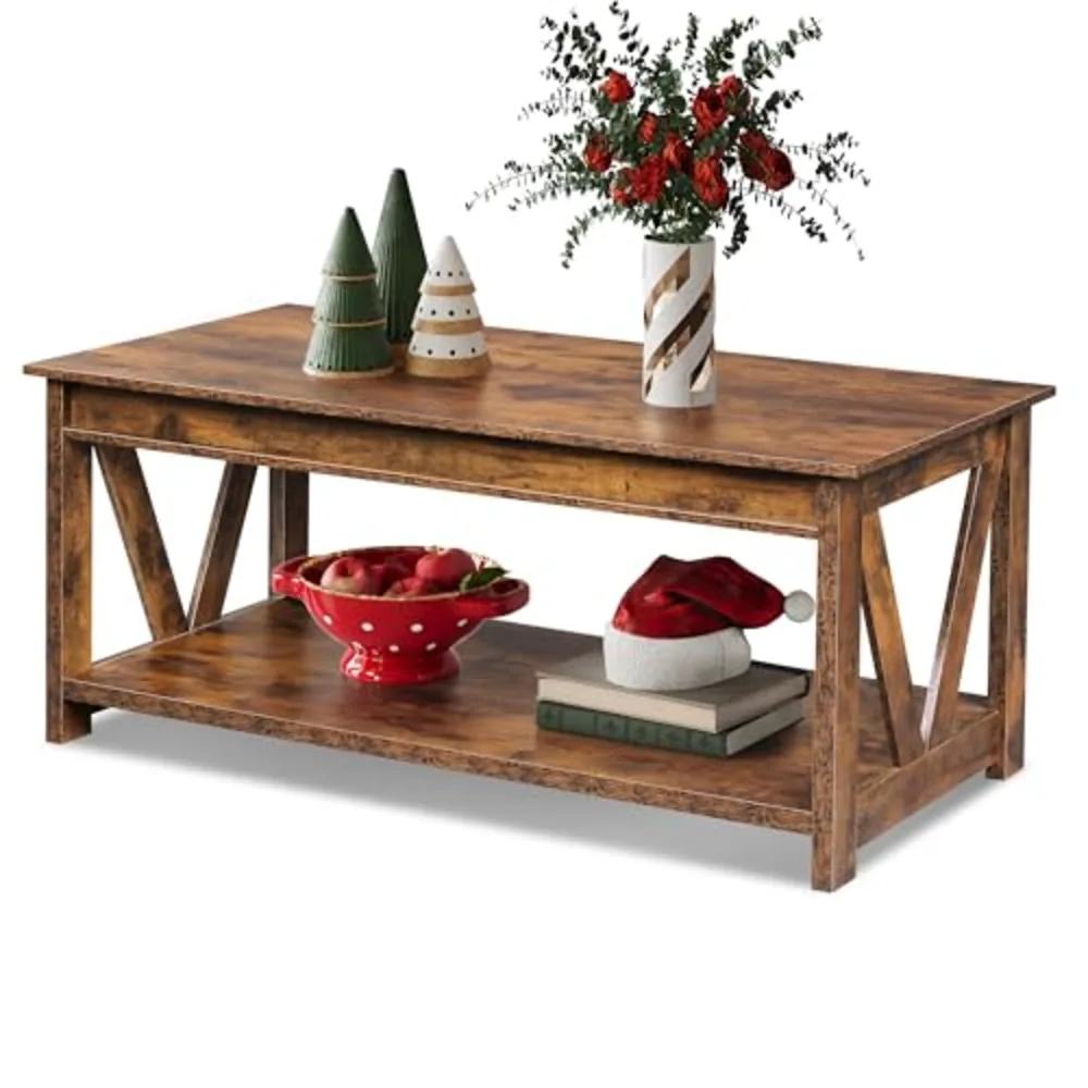 Coffee Table 43" Farmhouse Coffee Table with Storage Shelf &