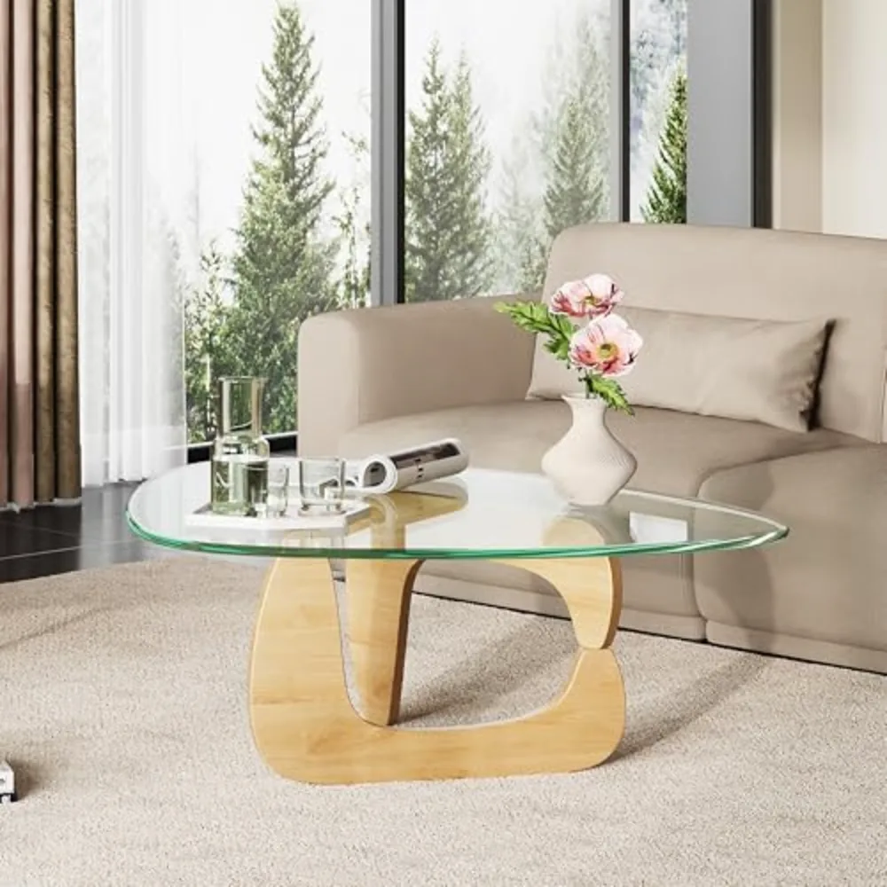 Coffee Table Small Glass Coffee Table with Solid Wood Legs, view 2