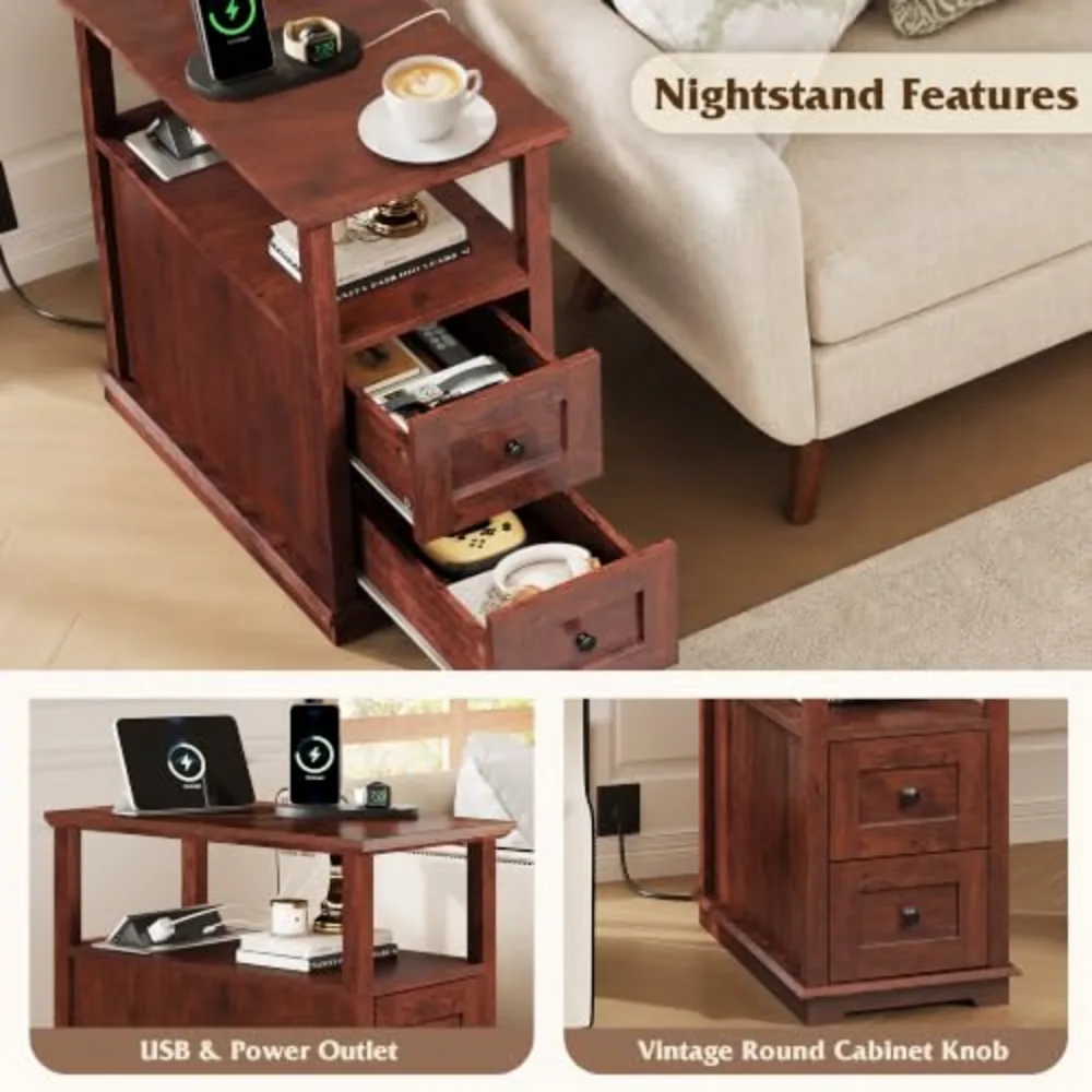 End Table with Charging Station & 2 Drawers Narrow Nightstand, view 4