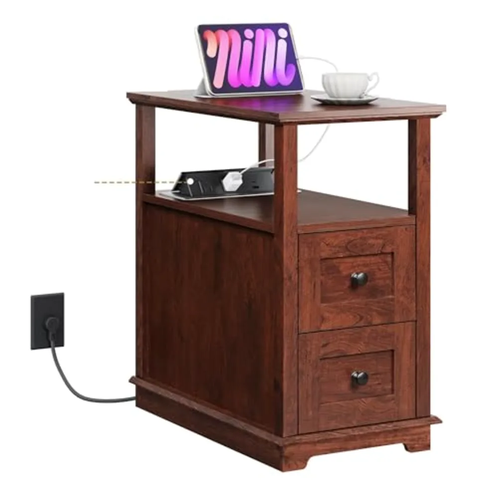 End Table with Charging Station & 2 Drawers Narrow Nightstand