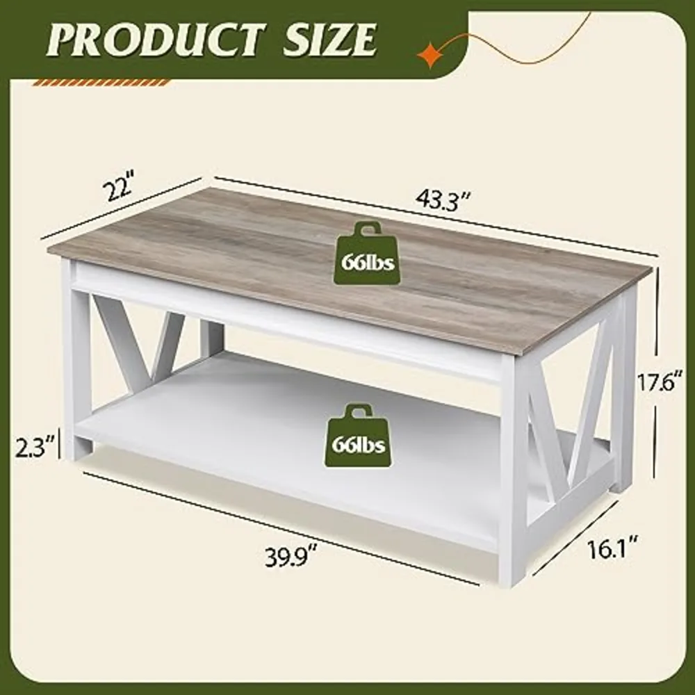Farmhouse Coffee Table 43" Coffee Table for Living Room, view 3