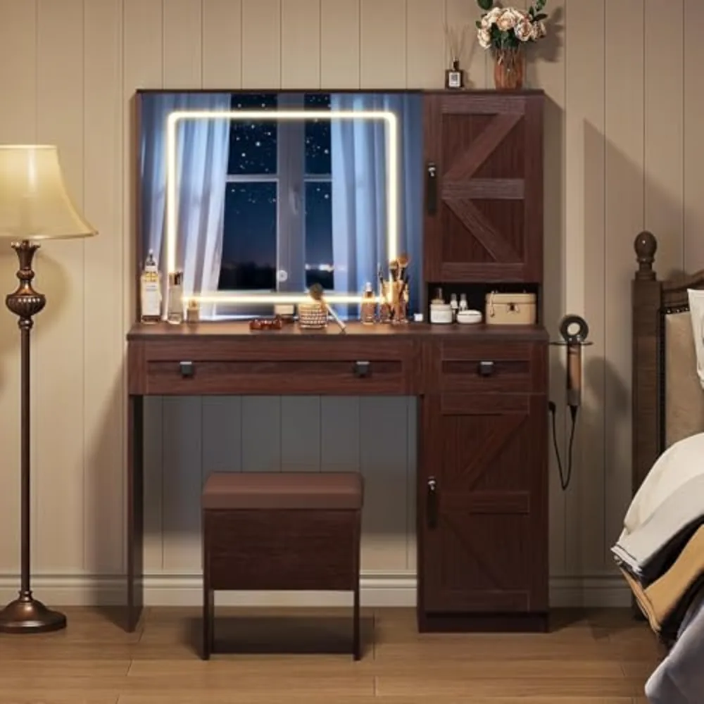 Farmhouse Makeup Vanity Table Set with 3 CCT LED Mirror