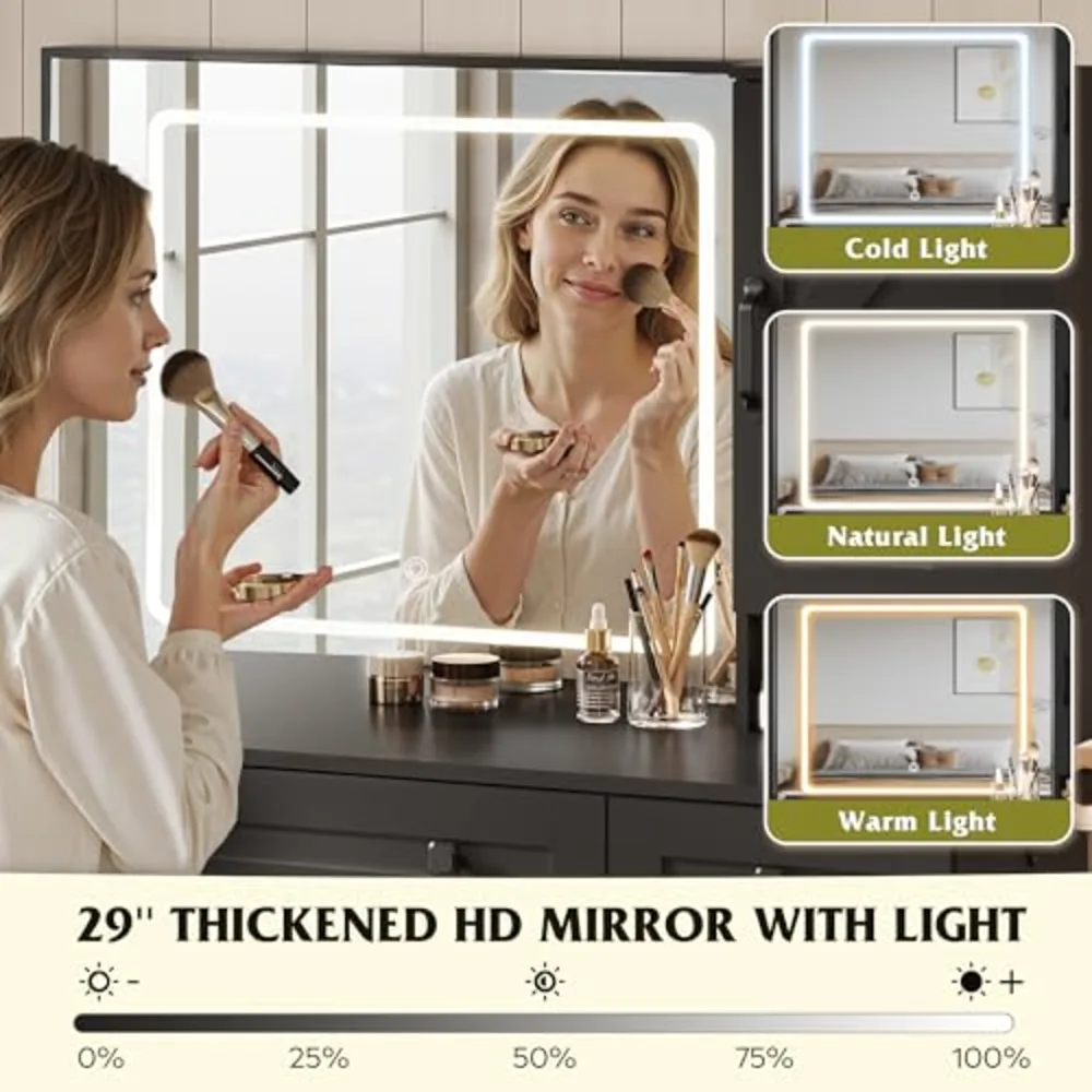 Farmhouse Vanity Desk with LED Mirror & Stool, view 2