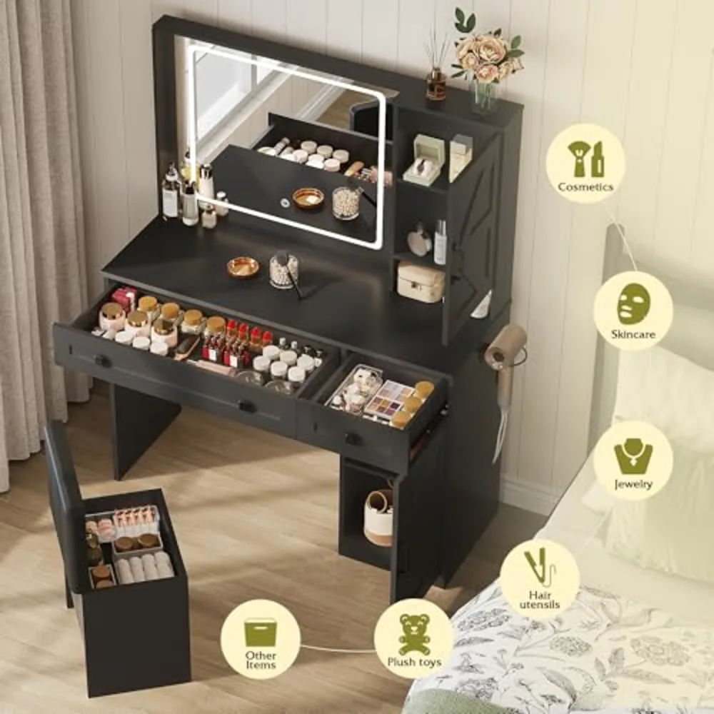Farmhouse Vanity Desk with LED Mirror & Stool, view 3