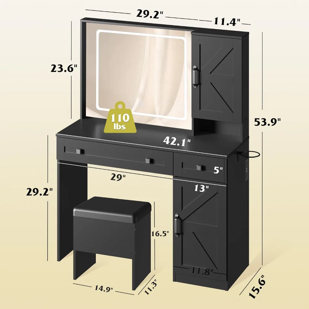 Farmhouse Vanity Desk with LED Mirror & Stool, view 6