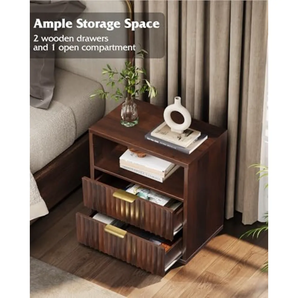 Fluted Night Stand Wood Nightstands with 2 Storage Drawers, view 4