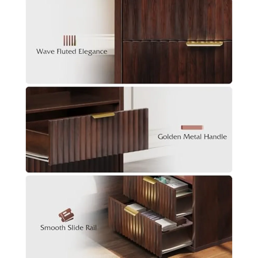 Fluted Night Stand Wood Nightstands with 2 Storage Drawers, view 5