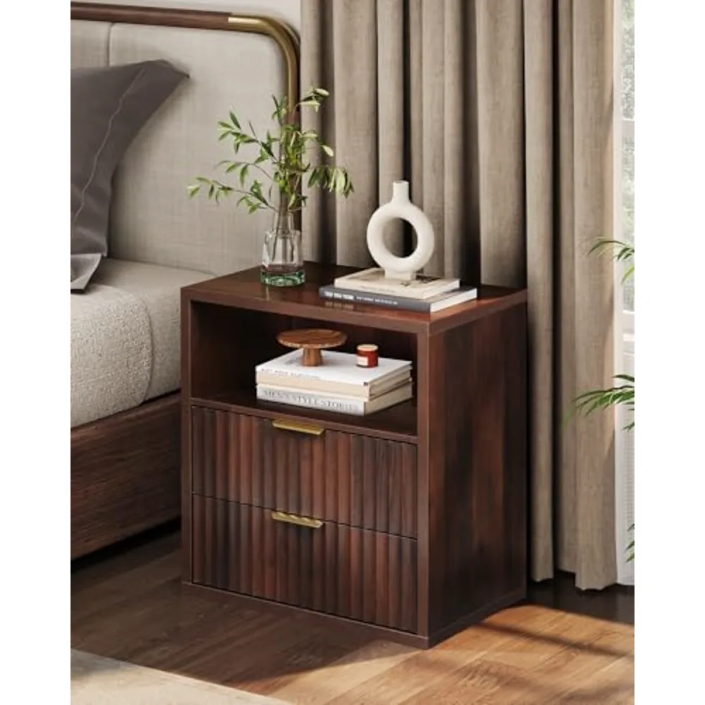 Fluted Night Stand Wood Nightstands with 2 Storage Drawers