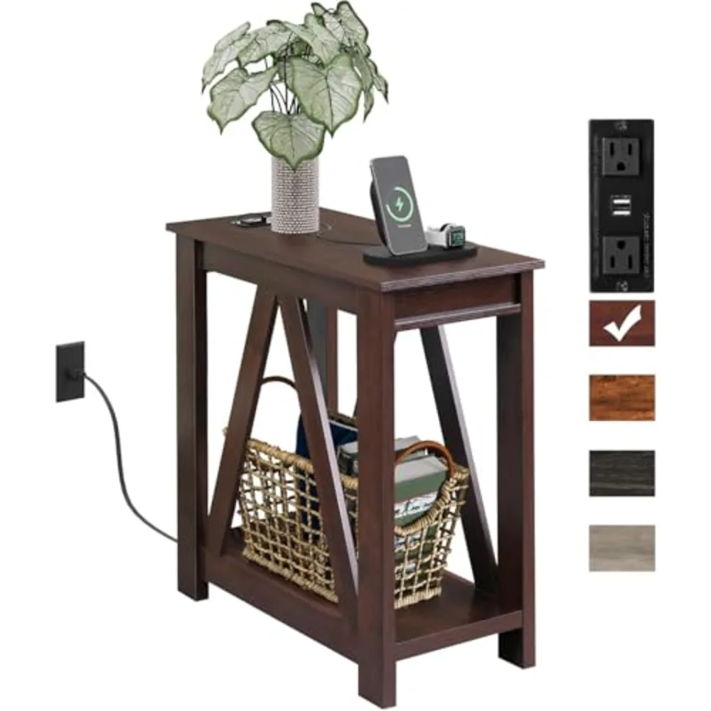 Narrow End Table with Charging Station of Open Storage