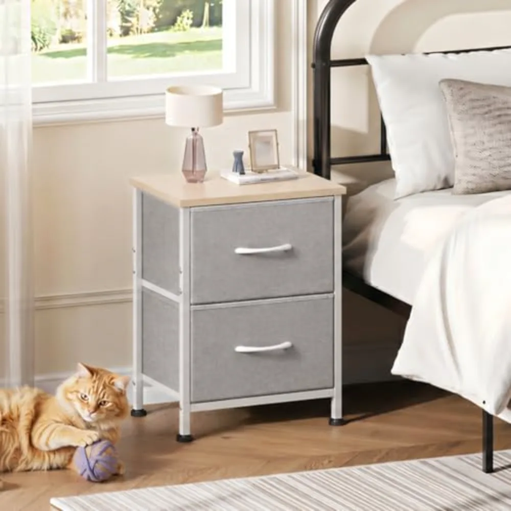 Night Stand Gray Nightstand with 2 Fabric Drawers, view 2