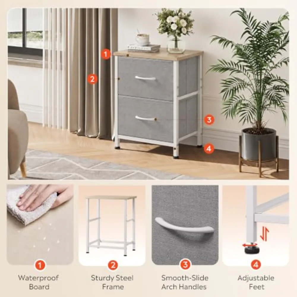 Night Stand Gray Nightstand with 2 Fabric Drawers, view 5