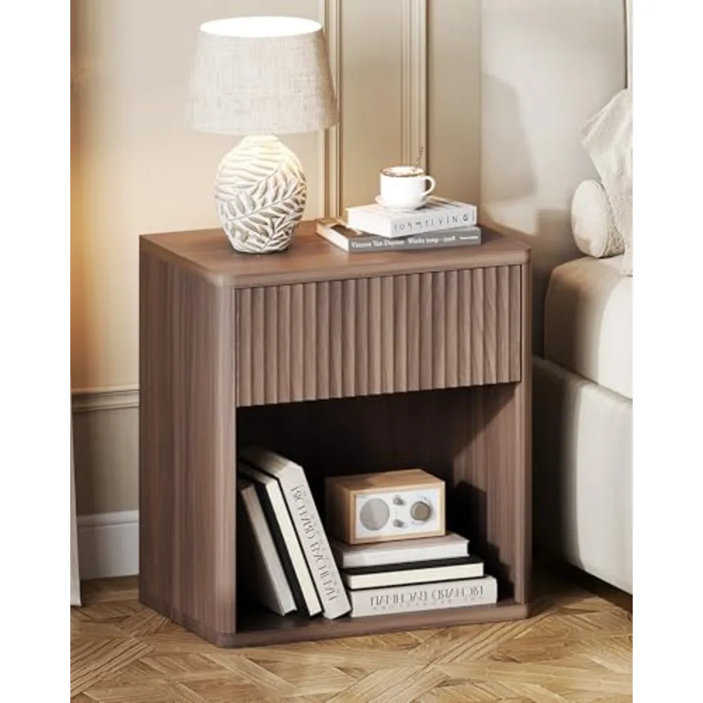 Night Stand Wood Nightstand with Storage Drawer and Open Shelf, view 2