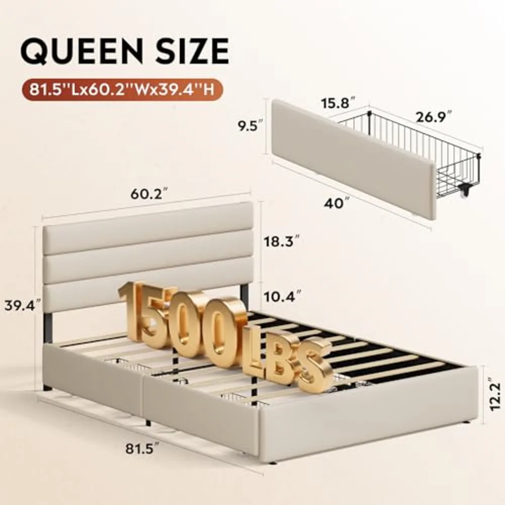 Queen Size Upholstered Bed Frame with 4 Storage Drawers, view 2