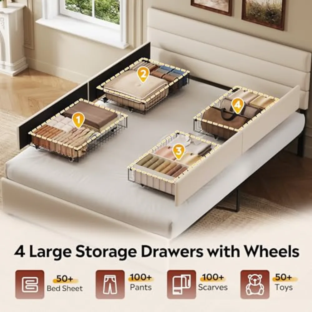 Queen Size Upholstered Bed Frame with 4 Storage Drawers, view 4