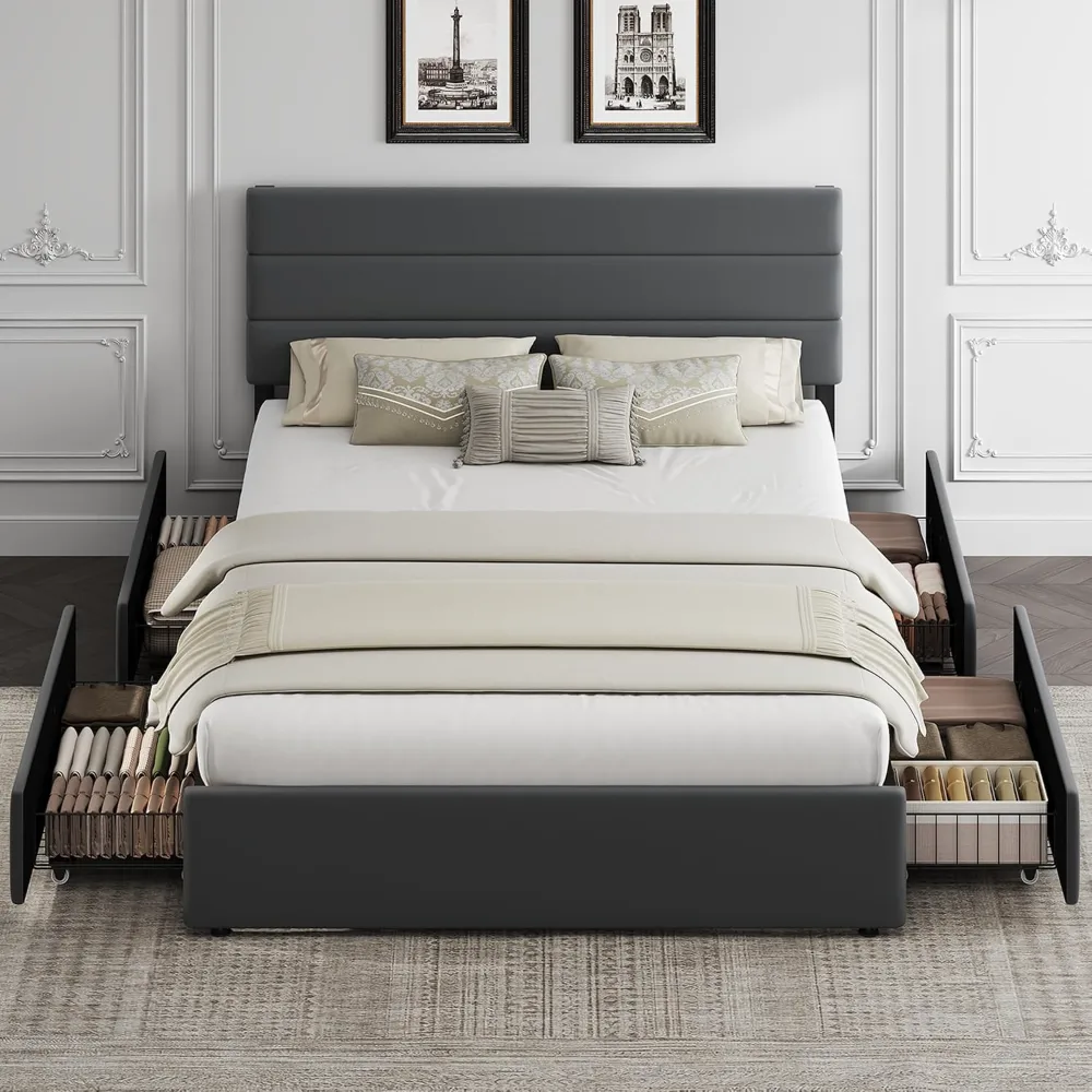 Queen Size Upholstered Bed Frame with 4 Storage Drawers, view 6