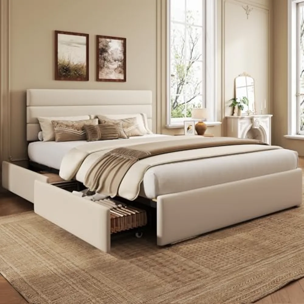 Queen Size Upholstered Bed Frame with 4 Storage Drawers