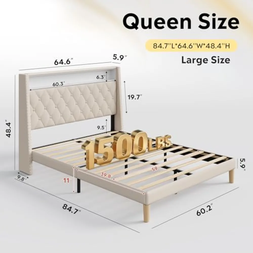 Queen Size Upholstered Bed Frame with 48'' Tall Wingback, view 2