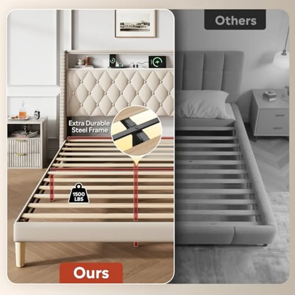 Queen Size Upholstered Bed Frame with 48'' Tall Wingback, view 5