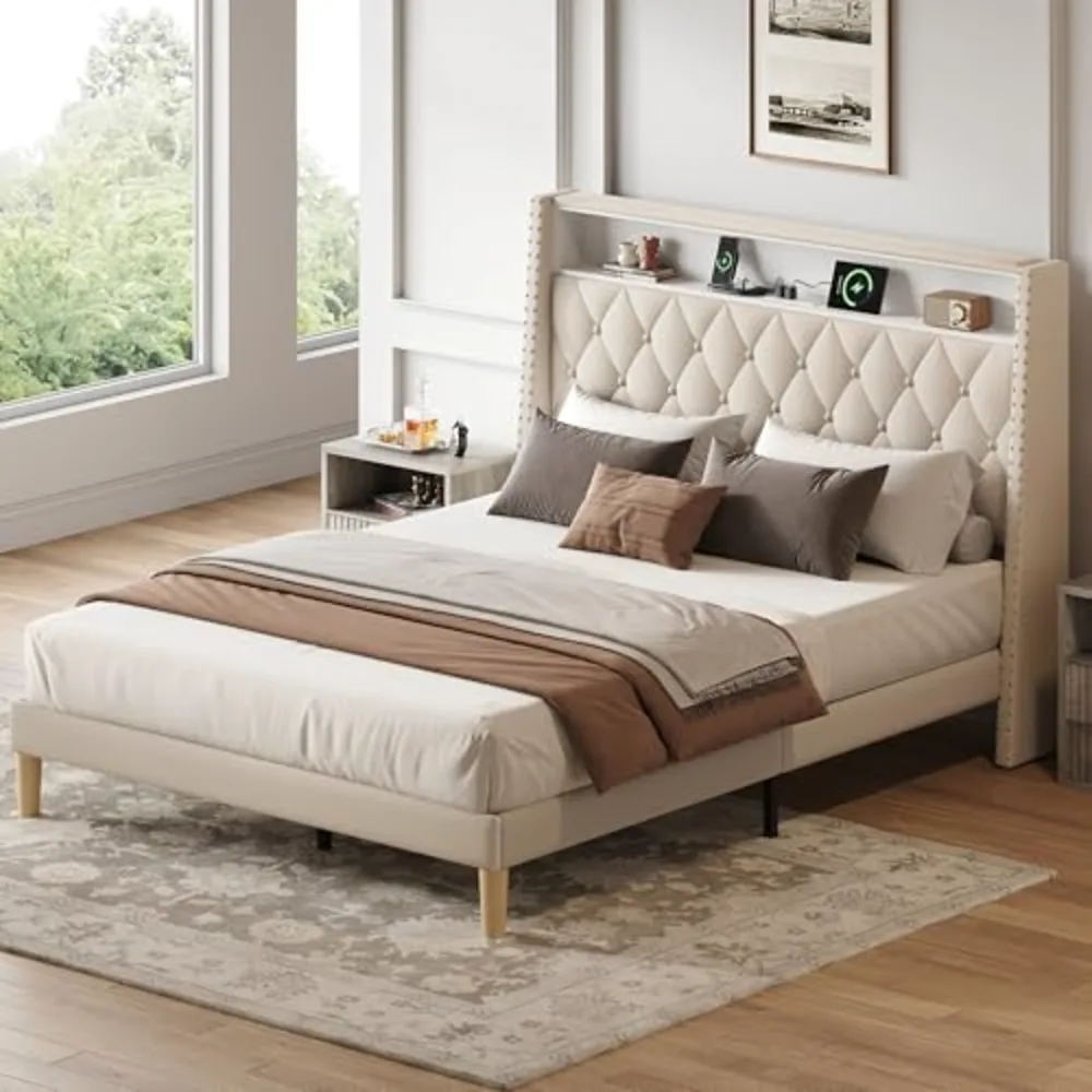 Queen Size Upholstered Bed Frame with 48'' Tall Wingback