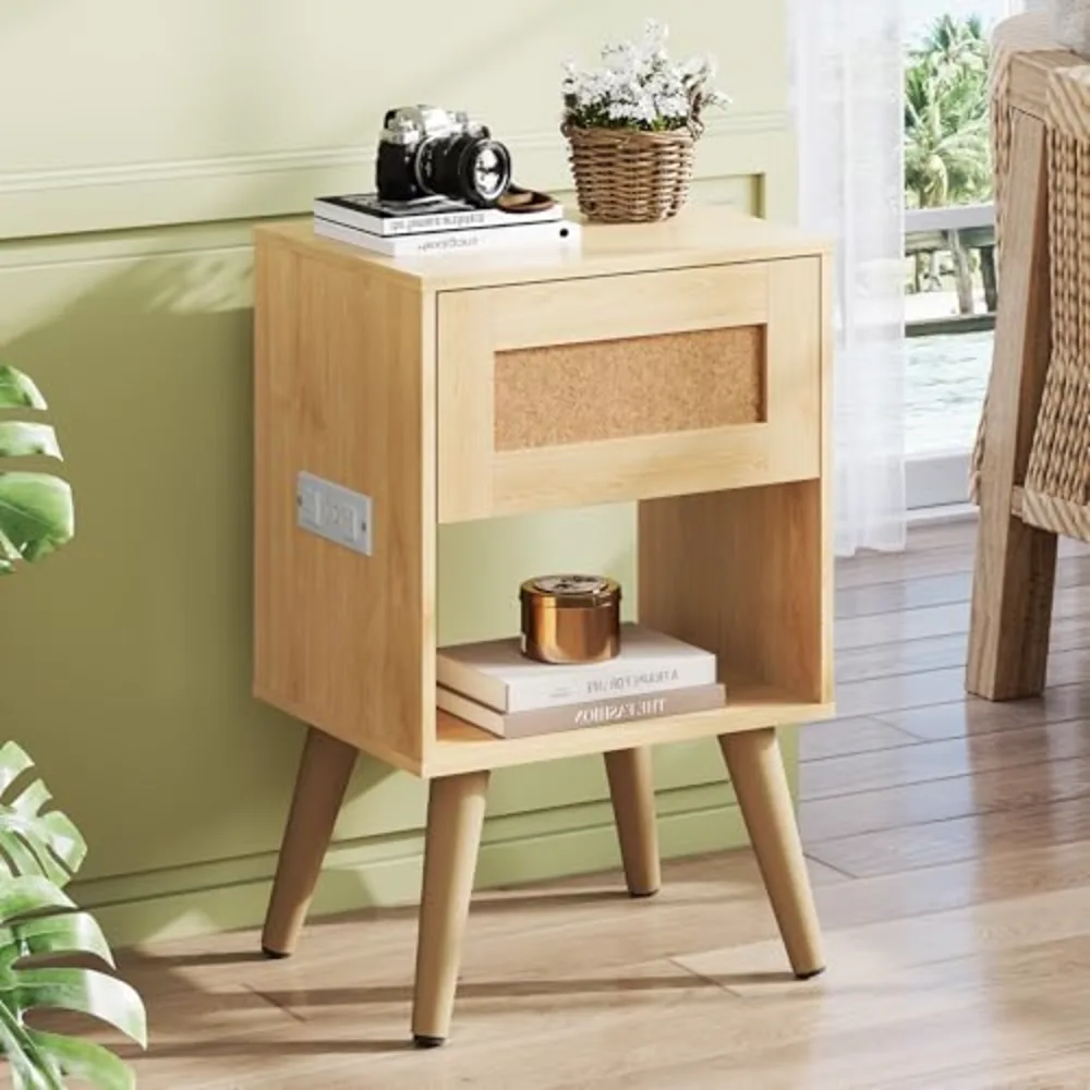 Rattan Nightstand with Charging Station, view 2