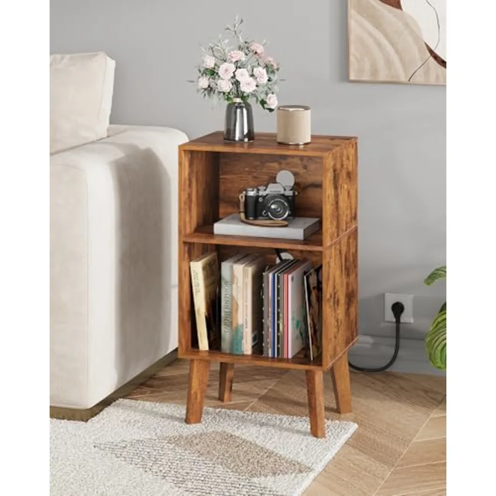 Record Player Stand with Charging Station Mid Century Tall, view 2