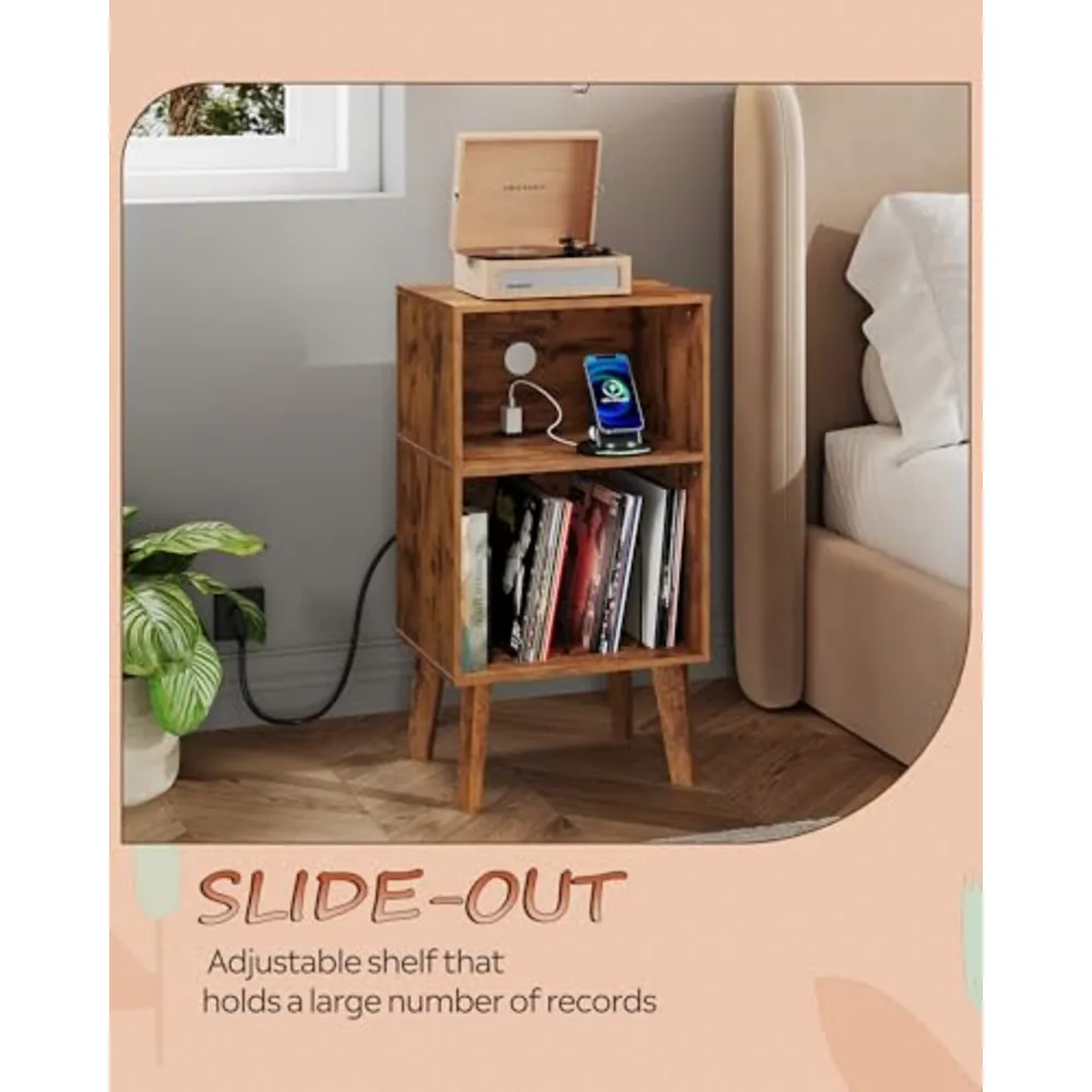 Record Player Stand with Charging Station Mid Century Tall, view 5