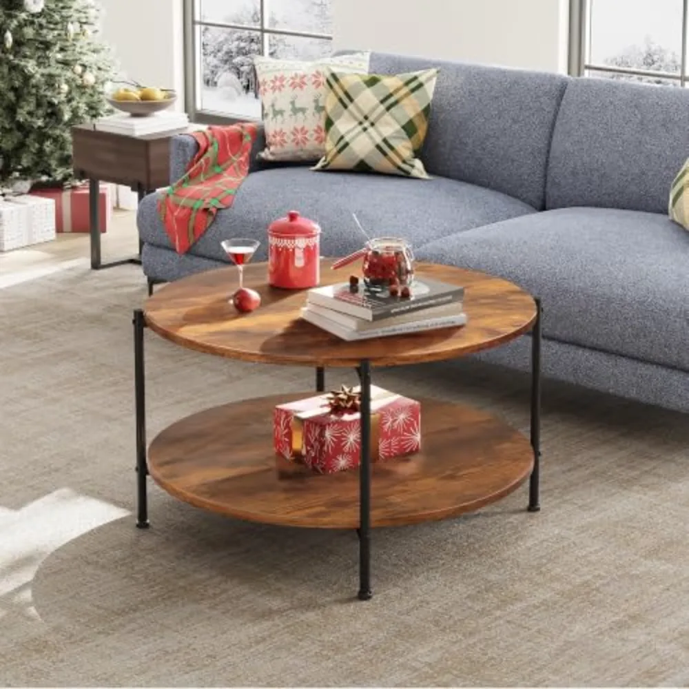 Round Coffee Table 32.6" Small Coffee Table with Storage Shelf, view 2