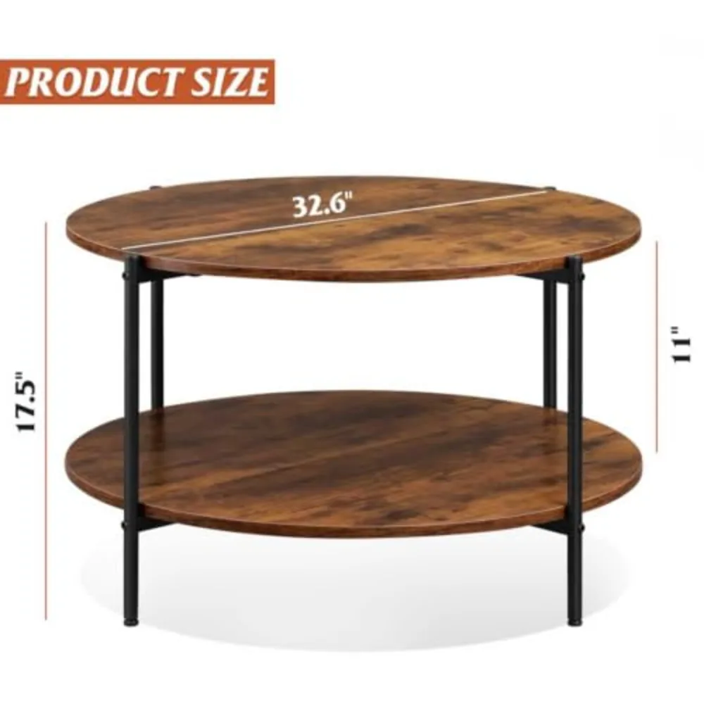 Round Coffee Table 32.6" Small Coffee Table with Storage Shelf, view 3