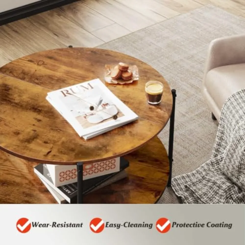 Round Coffee Table 32.6" Small Coffee Table with Storage Shelf, view 5