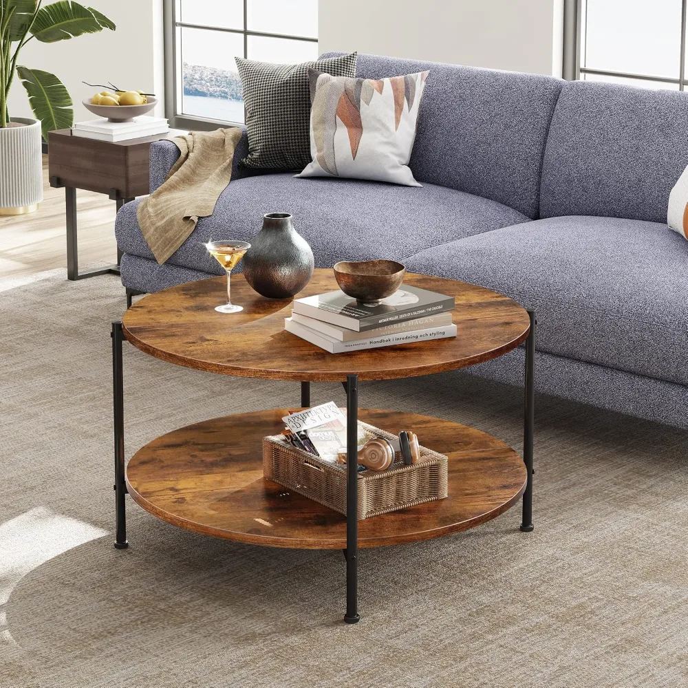 Round Coffee Table 32.6" Small Coffee Table with Storage Shelf, view 6