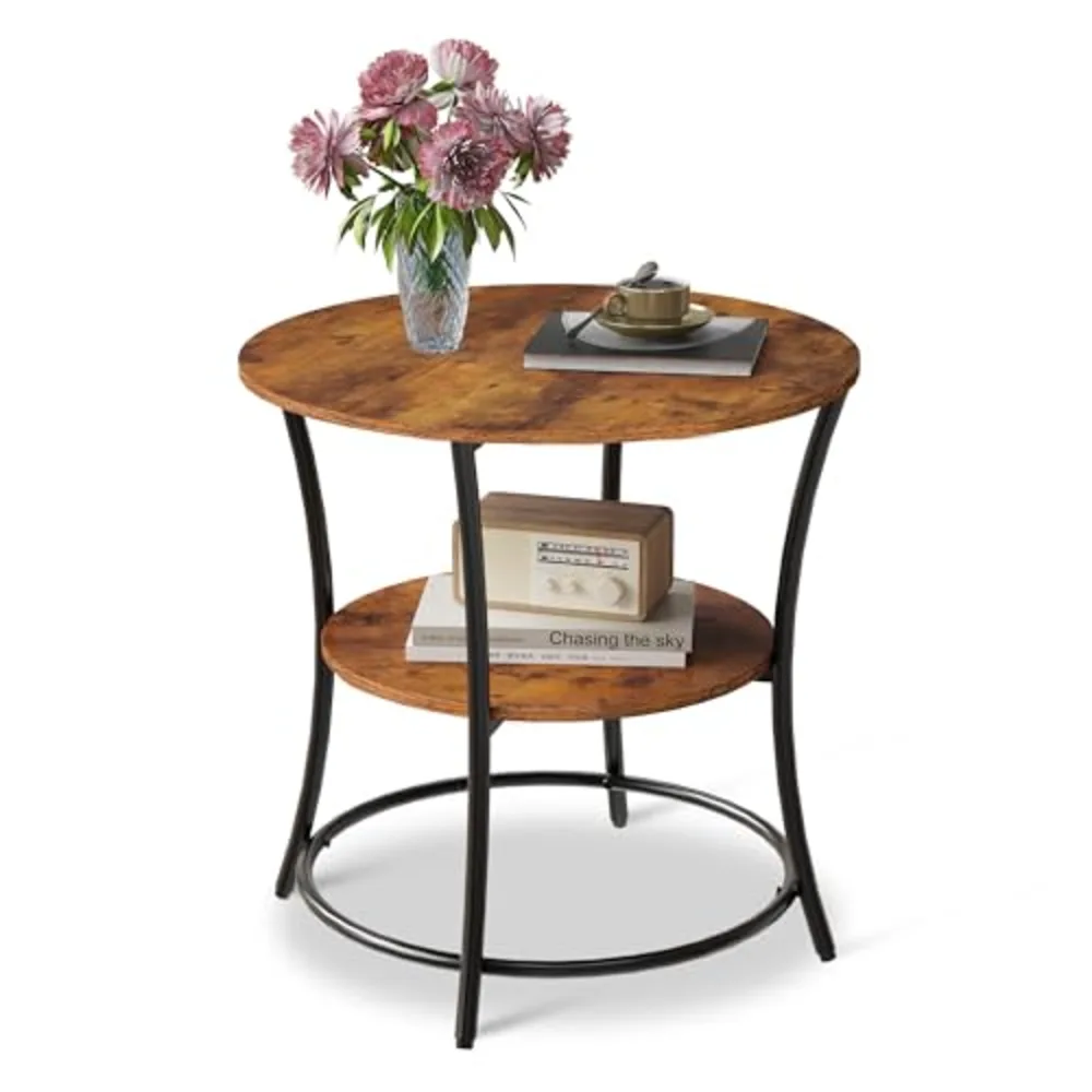 Side Table Round End Table with 2 Storage Shelves for Living, view 2