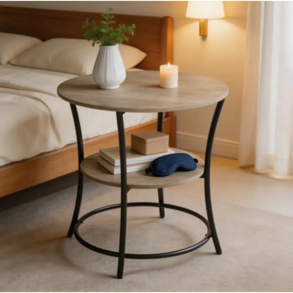 Side Table Round End Table with 2 Storage Shelves for Living, view 4