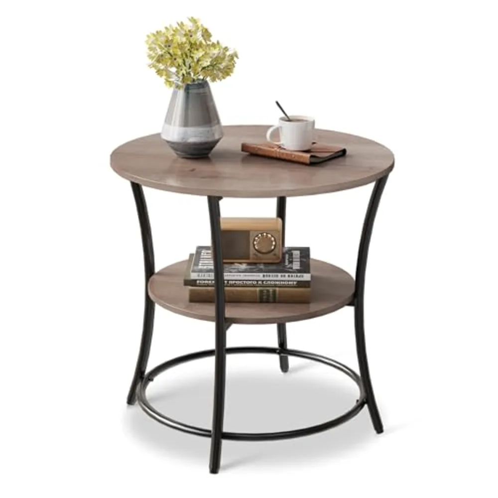 Side Table Round End Table with 2 Storage Shelves for Living