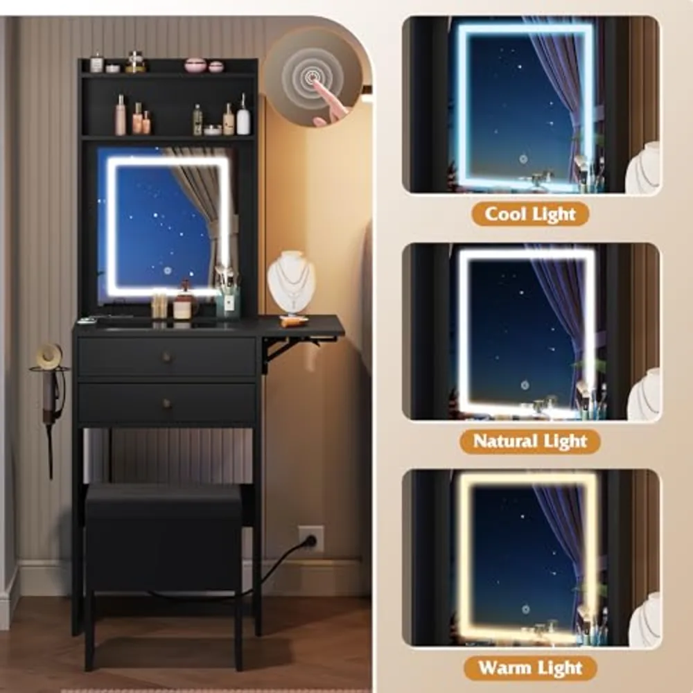 Small Black Vanity Desk with Mirror and Lights, view 3