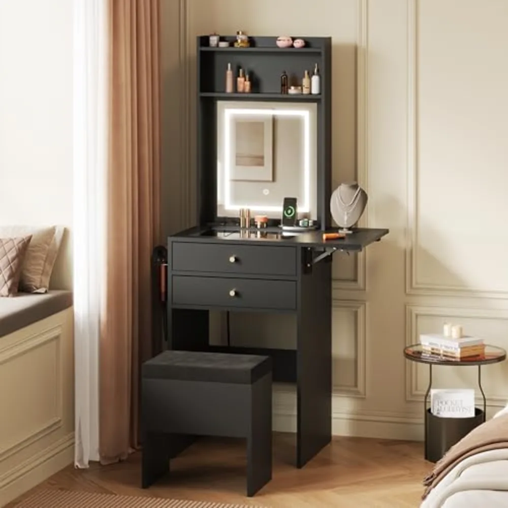 Small Black Vanity Desk with Mirror and Lights