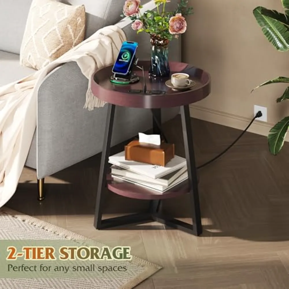Small Round Side Table with Charging Station, view 2